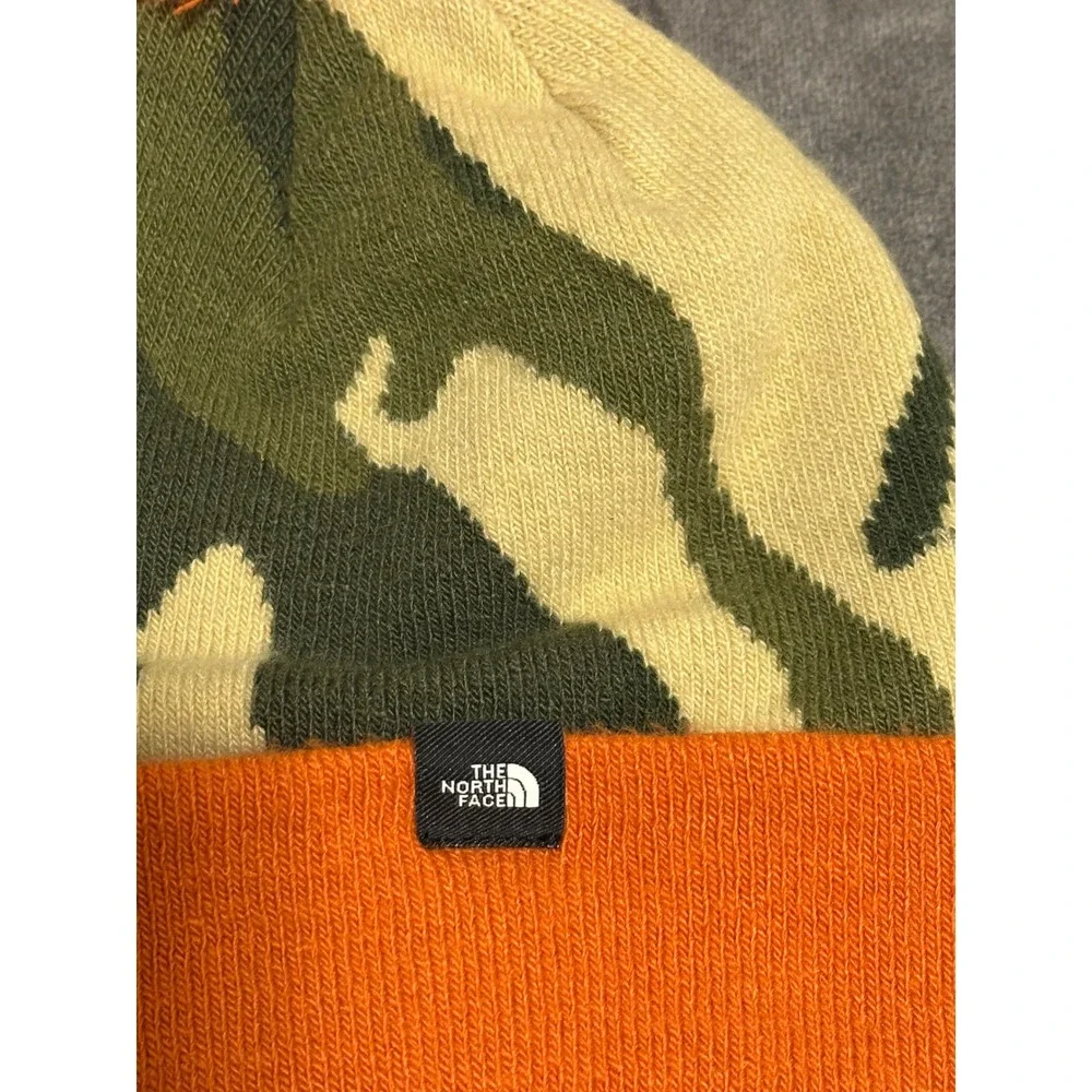 The North Face Kids Camo Beanie Orange Green Camouflage Pom Knit Hat Logo Patch